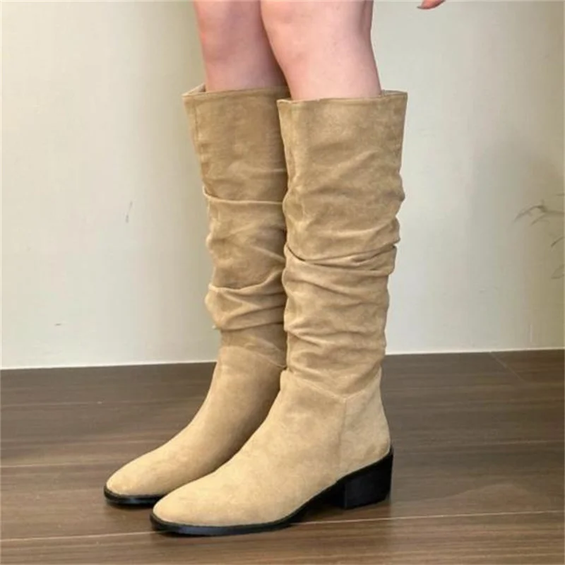 

Pleated Shoes for Women Pointed Toes Solid Long Calf Boots Churry Mid Heels Female Bnight Botas Beige Zapatos De Mujer Femme