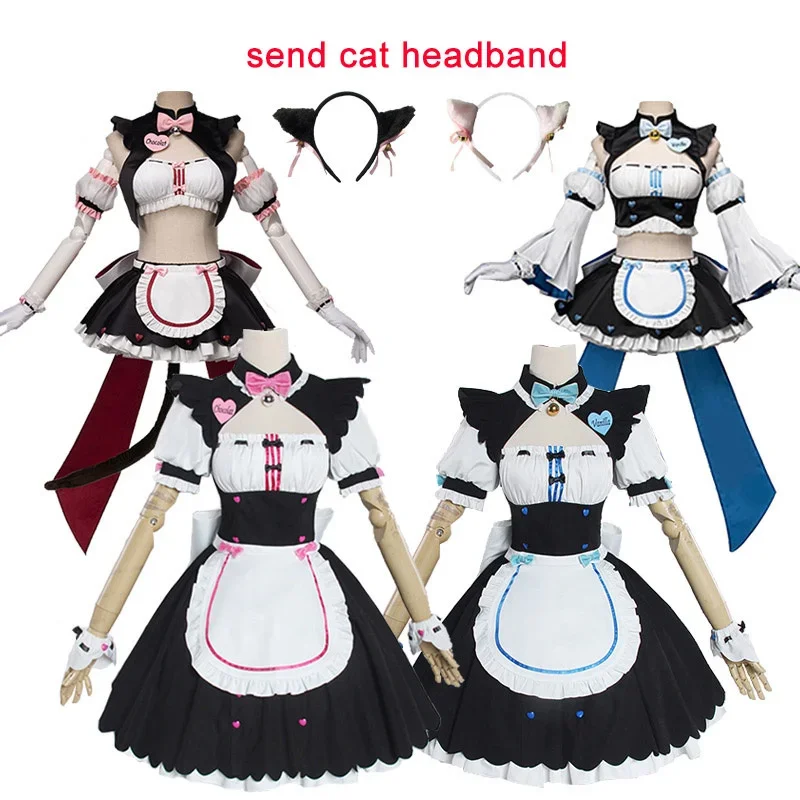 

Nekopara Chocolate Vanilla Cosplay Costumes Maid Dress Lolita Cute Cat Neko Girls Women Dress Pink Blue Racing Dress Long Tail