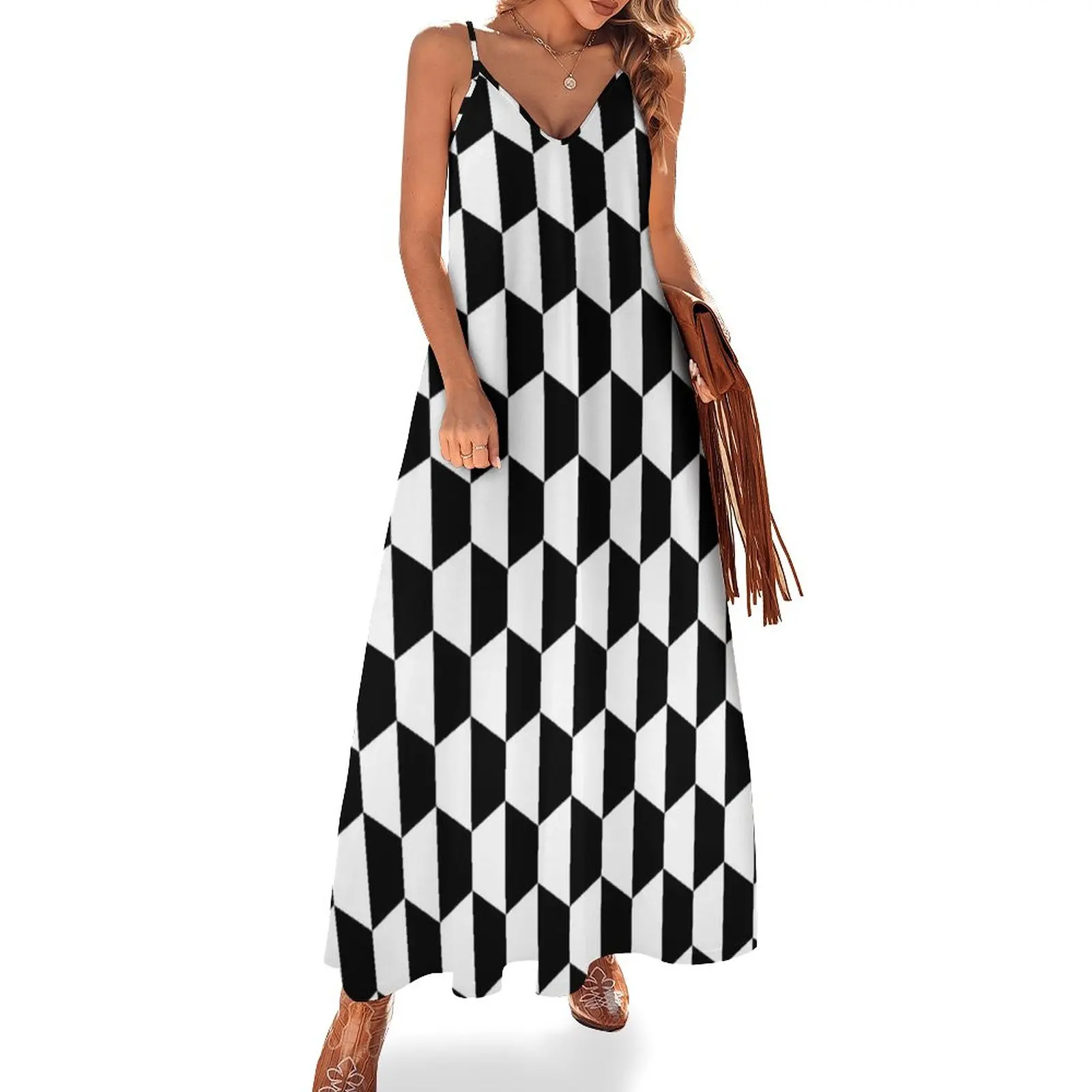 Black and white hexagons Sleeveless Dress Women's evening dress Long veiled dresses
Black and white hexagons Sleeveless Dress Women's evening dress Long veiled dresses