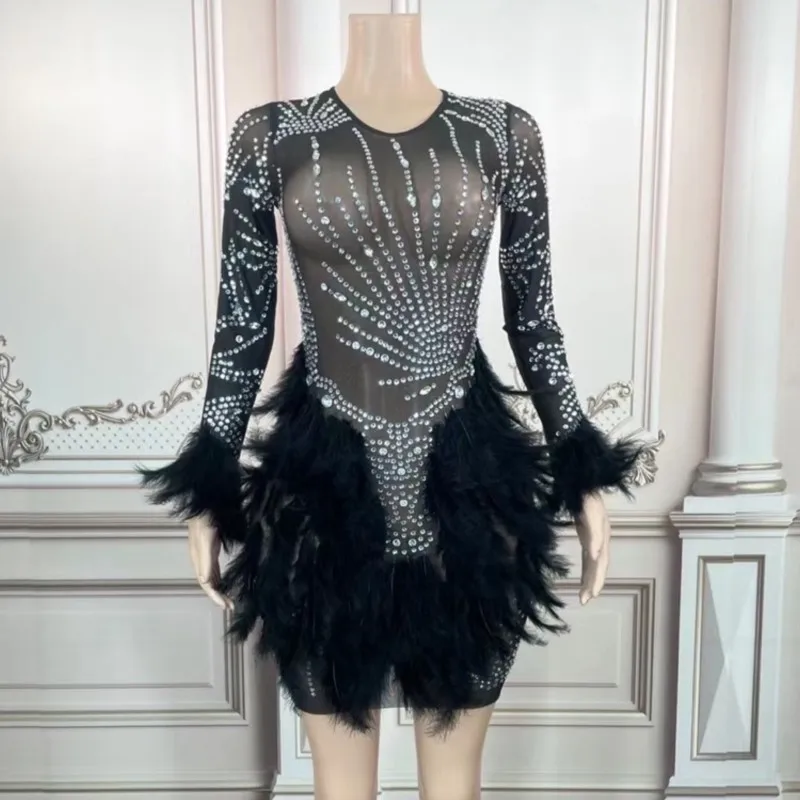 

New Sexy Perspective Feather Party Girl Dress Club Bar Stage Costumes
