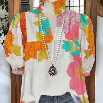 Elegância e Conforto em uma Camisa Versátil da ZANZEA 7 Floral Print Top Pleated V-neck Blouse Puff Sleeve Shirts & Blouses