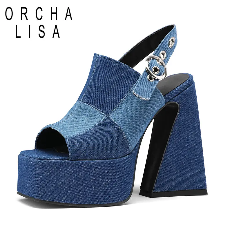 

ORCHA LISA Design Women Sandals Peep Toe Chunky Heels 14cm Platform Hill 5cm Buckle Strap Denim Cowboy Casual Plus Size 46 47 48