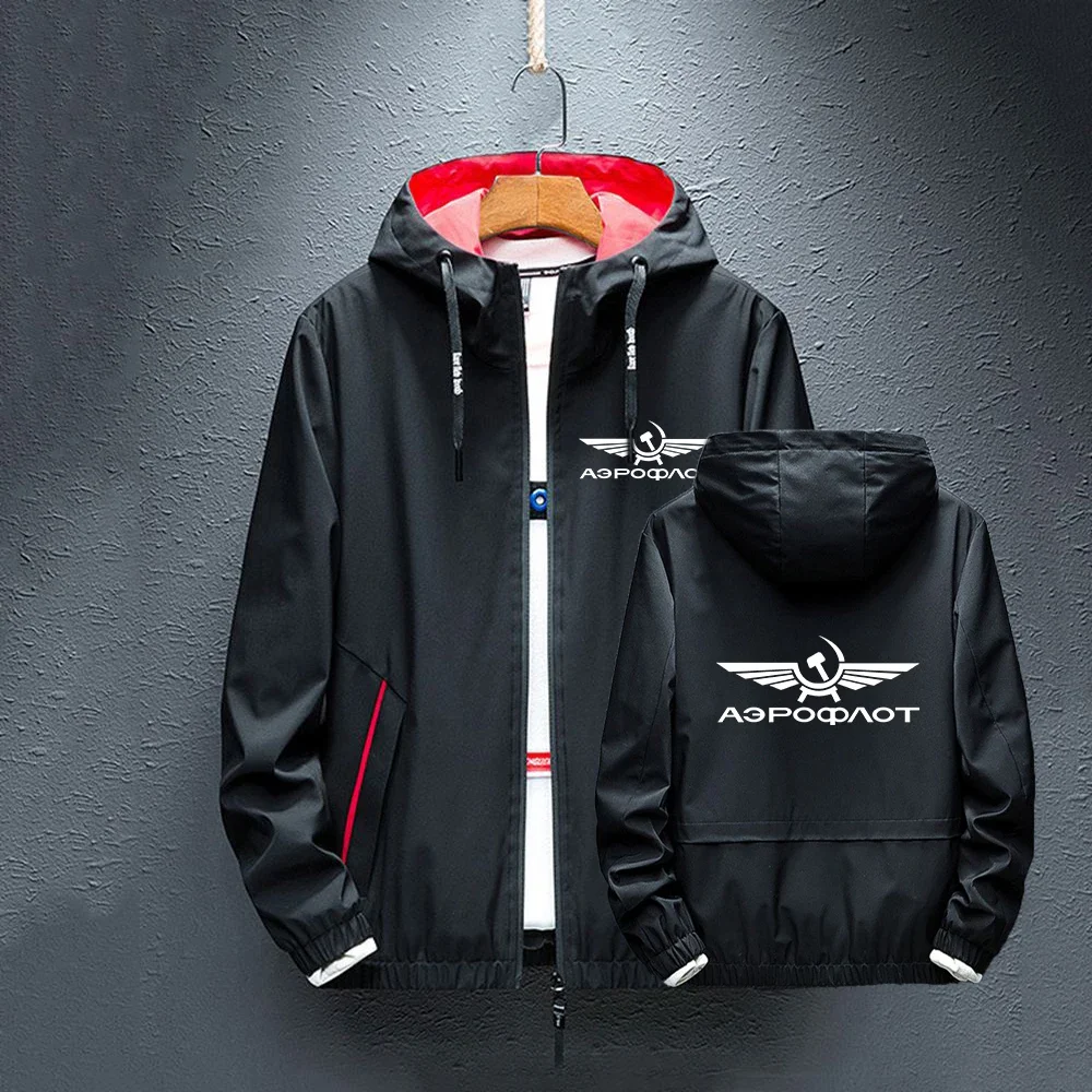 

2024 Spring Autumn Aeroflot Aviation Russe Pilote Aerospace Zip Casual Hooded Coat Fashion CCCP Solid Color Windbreaker Jackets