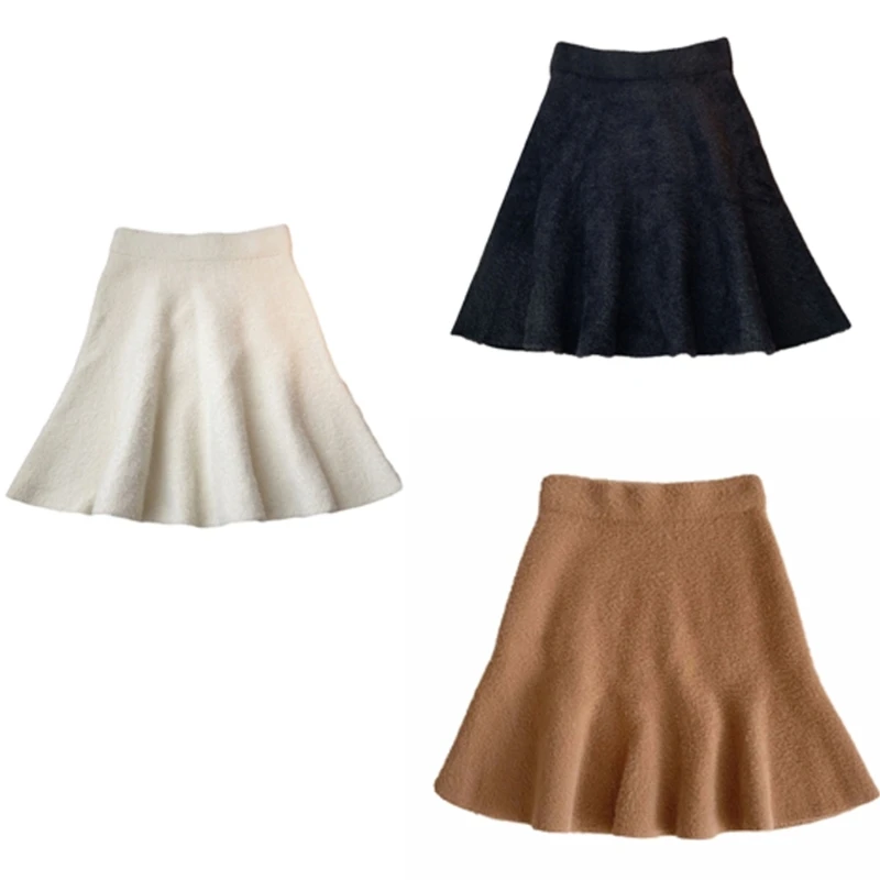 

Womens Solid Color Thicken Furry Pleated A-Line Mini Skirt Casual Elastic High Waist Faux Mink Hair Flared Short Skirts