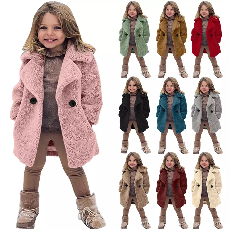 

Girls Winter Warm Jackets Faux Fur Coats Kids Turndown Collar Outerwear Children Solid Colour Overcoat Casual Outer Clothing