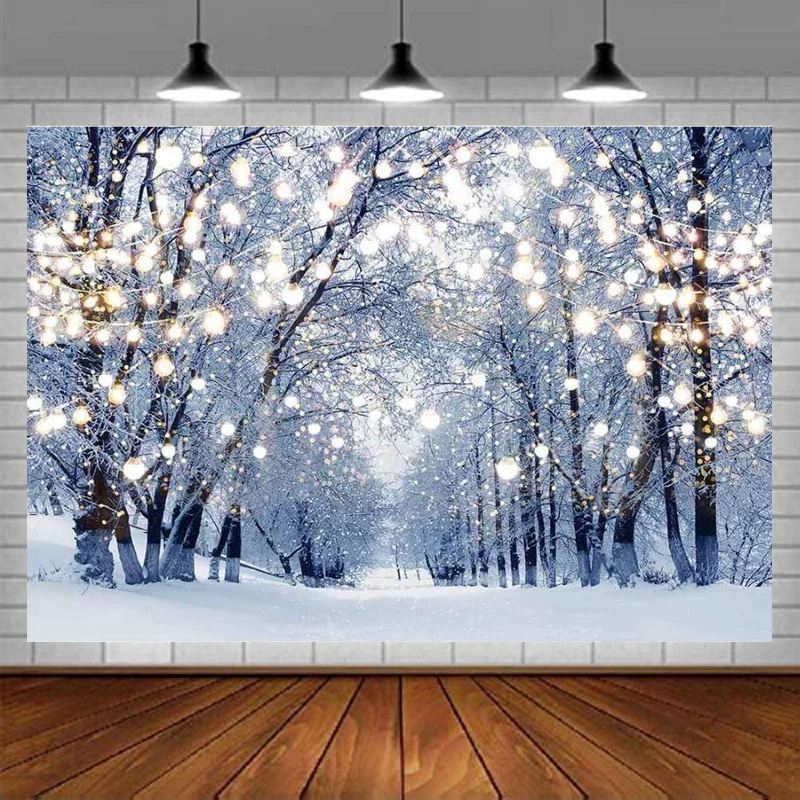 

Winter Scene Photography Backdrop Wonderland Snowflake Background Bokeh Glitter White Snow Forest Christmas Party Decoration