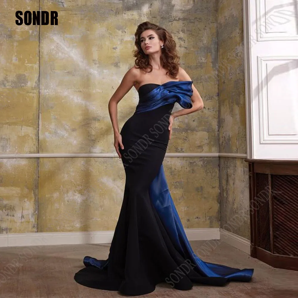 

SONDR Saudi Arabia Black/Blue Sleeveless Evening Dresses Strapless Satin Long Prom Gowns Women Formal Event Party Event Gowns