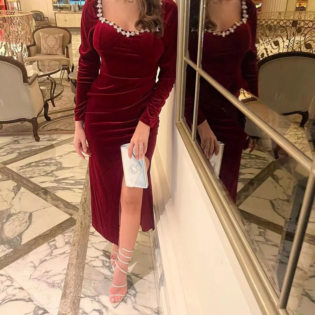 

AsaNagi Red Velour Evening Dresses Sweetheart Beads Mermaid Sexy Slit Elegant Cocktail Prom Dress Women Formal Party Gowns 2023