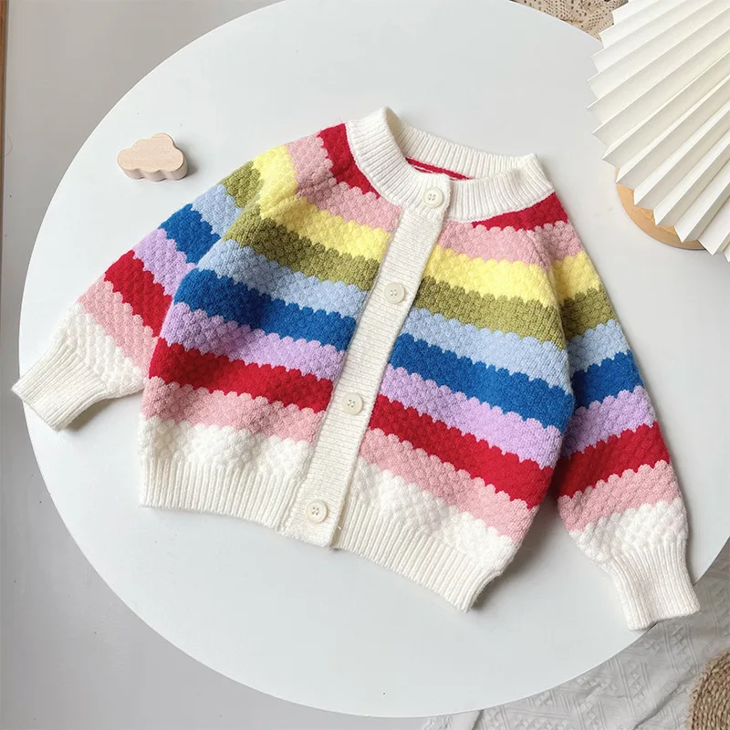 

New Autumn Style Season New Girls Rainbow Coat Cardigan Round Collar Striped Button Knitting Sweater Children Clothing