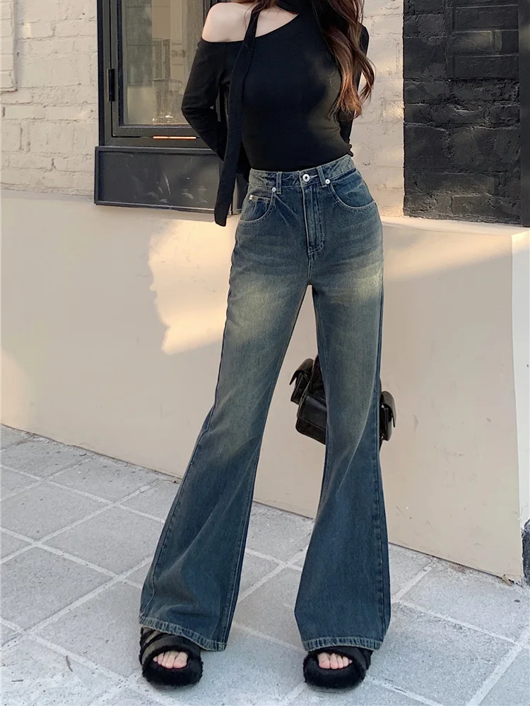 

Slergiri Street Retro Washed Flare Jeans Women Y2K American Fashion Pockets Jeans Denim Pants High Waist Bell Bottom Trousers