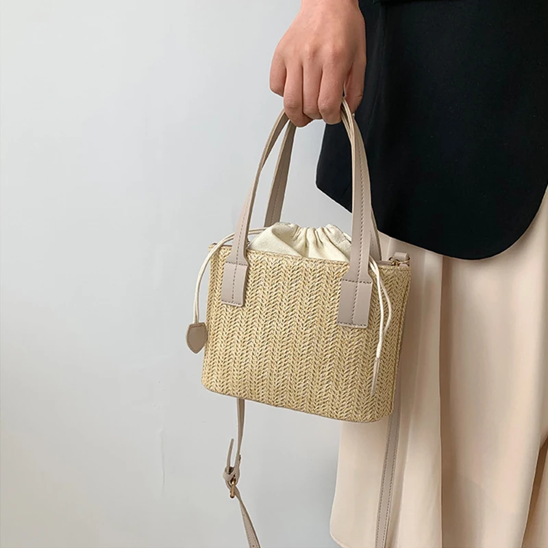 Knit Straw Bucket Tote - Woven Beach Travel Bag with Wrist Handle 6 S414d5adb32eb48af89493a06ede954039
