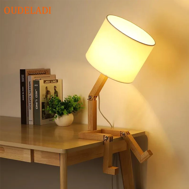 

Robot Shape Wooden Table Lamp E14 Lamp Holder 110-240V Modern Cloth Art Wood Desk Table Lamp Parlor Indoor Study Night Light