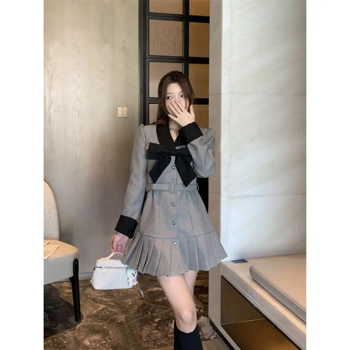 

French Temperament Doll Neck Pleated Dress Women Fashion Bow Splice Single Breasted Korean Gentle Slim Party Chic College Wear