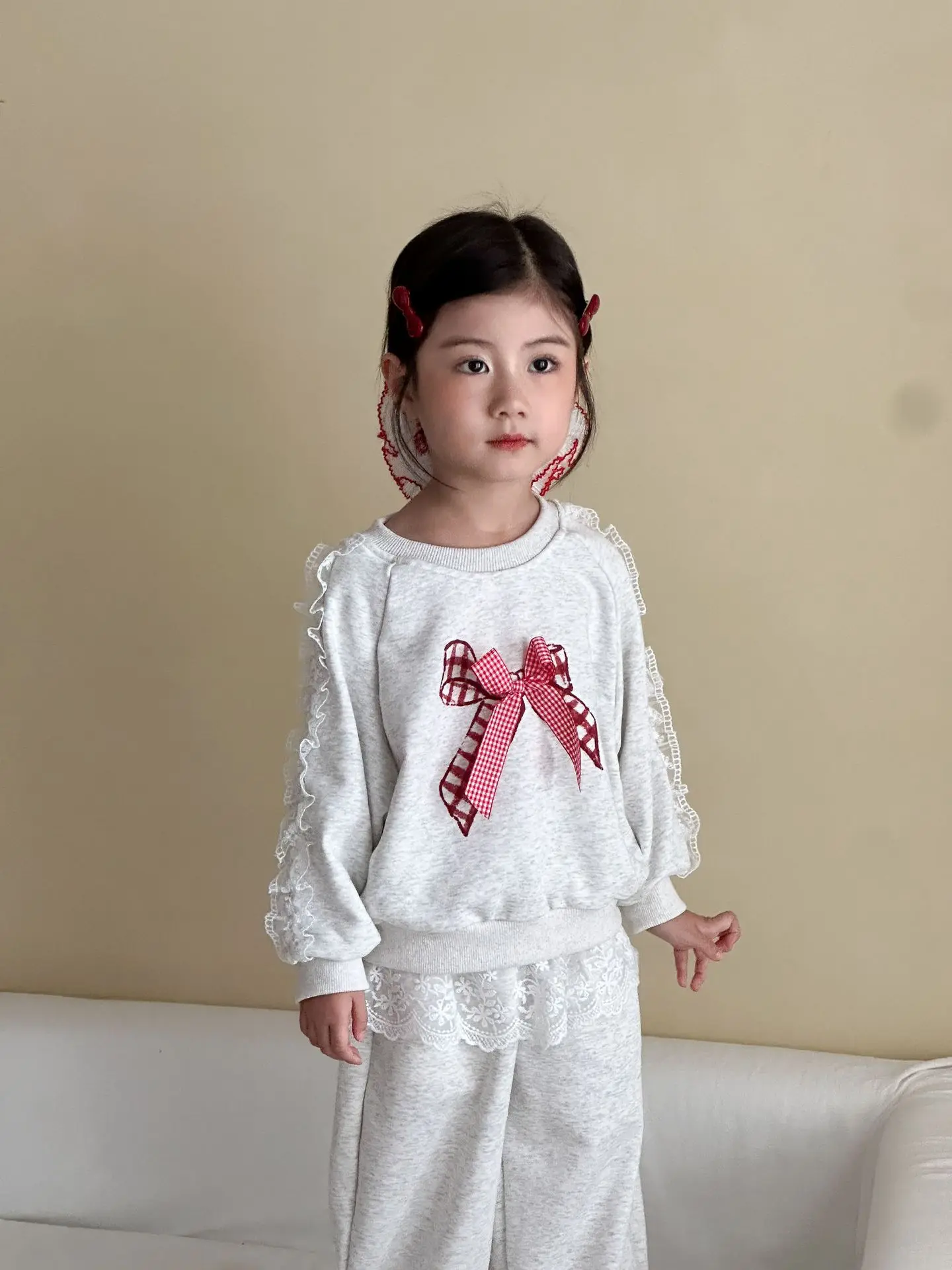 2025 Autumn New Children Long Sleeve Clothes Set Girls Lace Bow Sweatshirt + Sweat Pants 2pcs Suit Cotton Kids Casual Outfits 20
