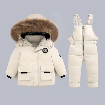 겨울용 따뜻한 어린이 퍼퍼 스키 수트, 여아 남아, 분리형 모피 다운 재킷, 양방향 지퍼 점프수트 바지, 어린이 스노우 복장, 1-6 세