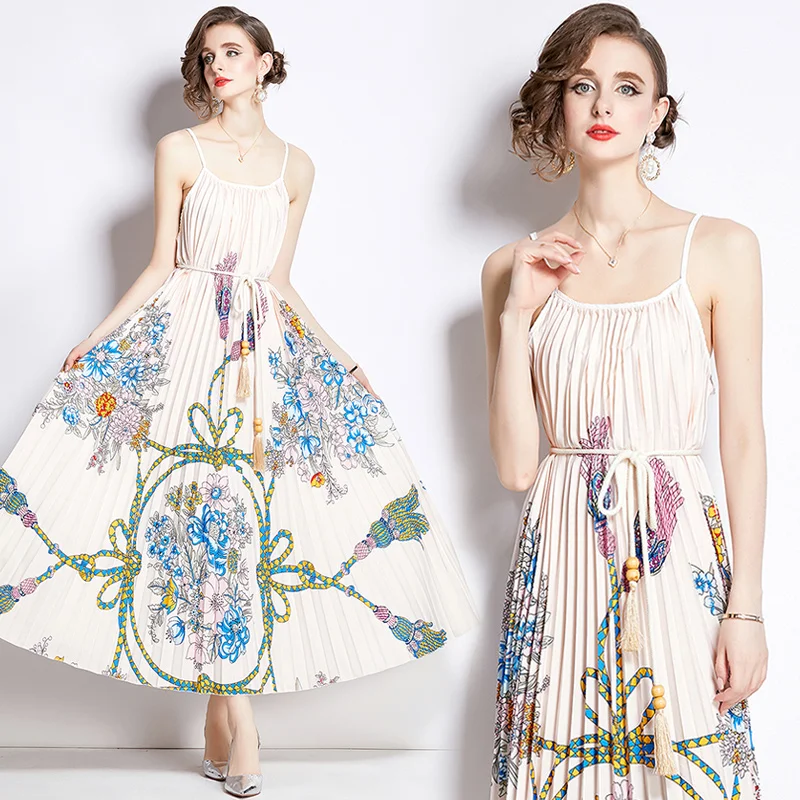

2024 Summer New Spaghetti Strap Temperament Pleats Skirt Women's Sleeveless Strapless Lace-up Print Fashion Casual Dress