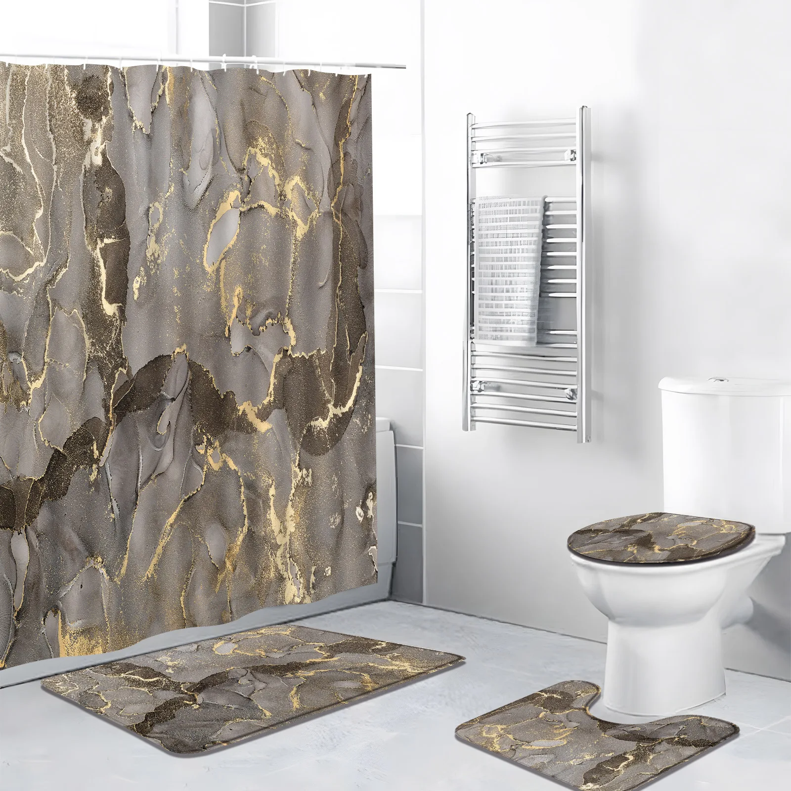 

4pcs/Set Marble Shower Curtain Abstract Crack Ink Gold Texture Luxury Stone Print Grain Bathroom Decor Bath Mat Rug Toilet Cover
