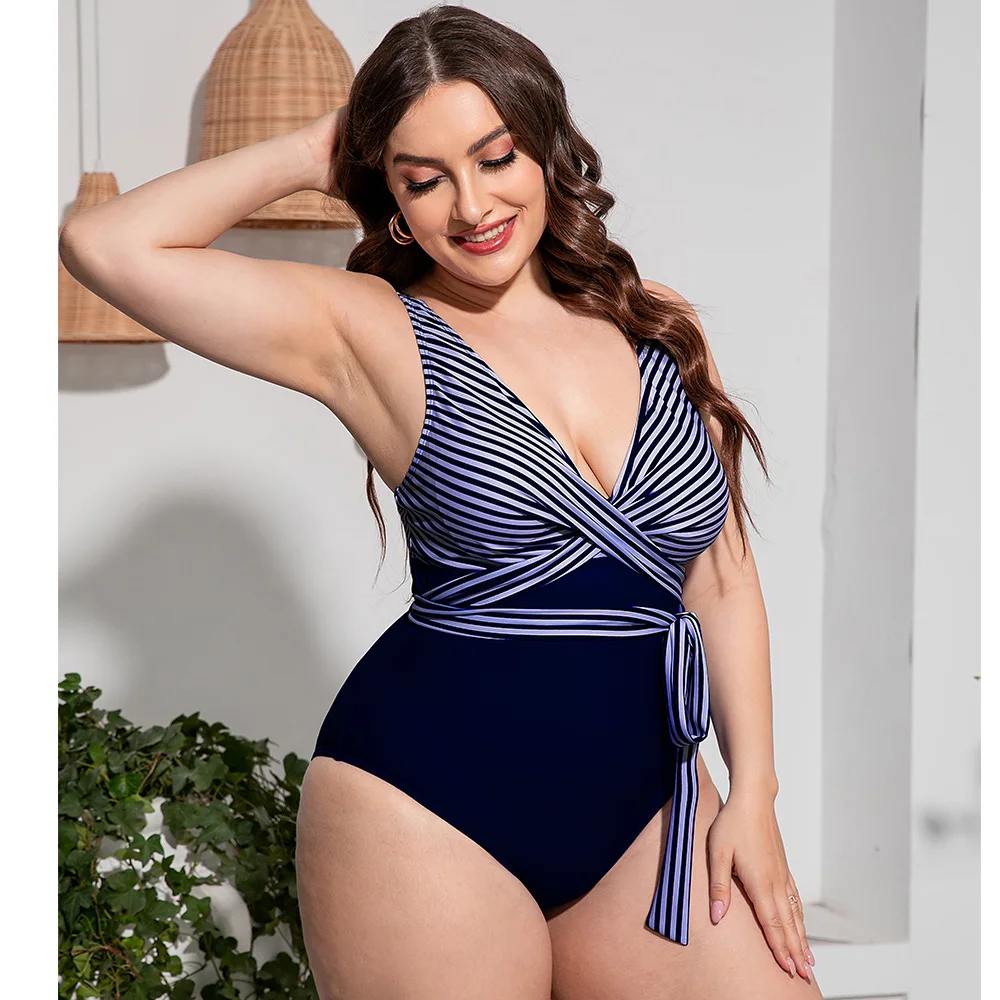 

2024 New Stripe One Piece Swimsuit for Chubby Women Plus Size Swimwear Larges Big Swim Bathing Suit Beachwear Female Monokini