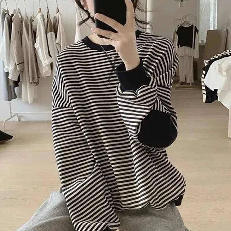 

Spring Autumn New Striped Printing Loose T Shirt Tops Long Sleeve O-Neck All-match Youth Pullovers Fashion Casual Women Clothing