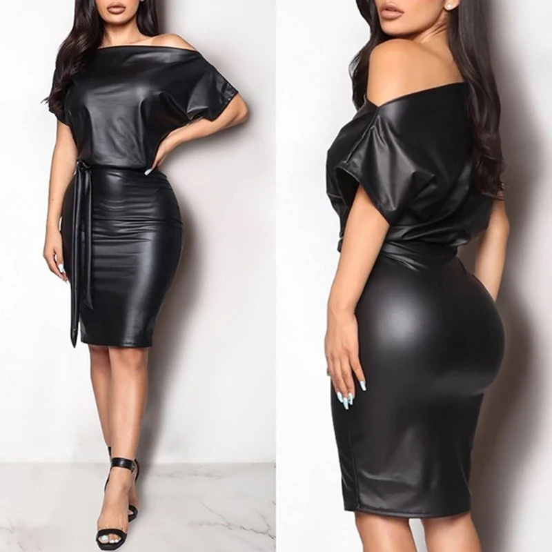 2023 Women Off Shoulder Short Sleeve PU Leather Mini Dress Sexy Black Crew Neck Wet Look Bodycon Bandage Party Club Mini Dress
2023 Women Off Shoulder Short Sleeve PU Leather Mini Dress Sexy Black Crew Neck Wet Look Bodycon Bandage Party Club Mini Dress