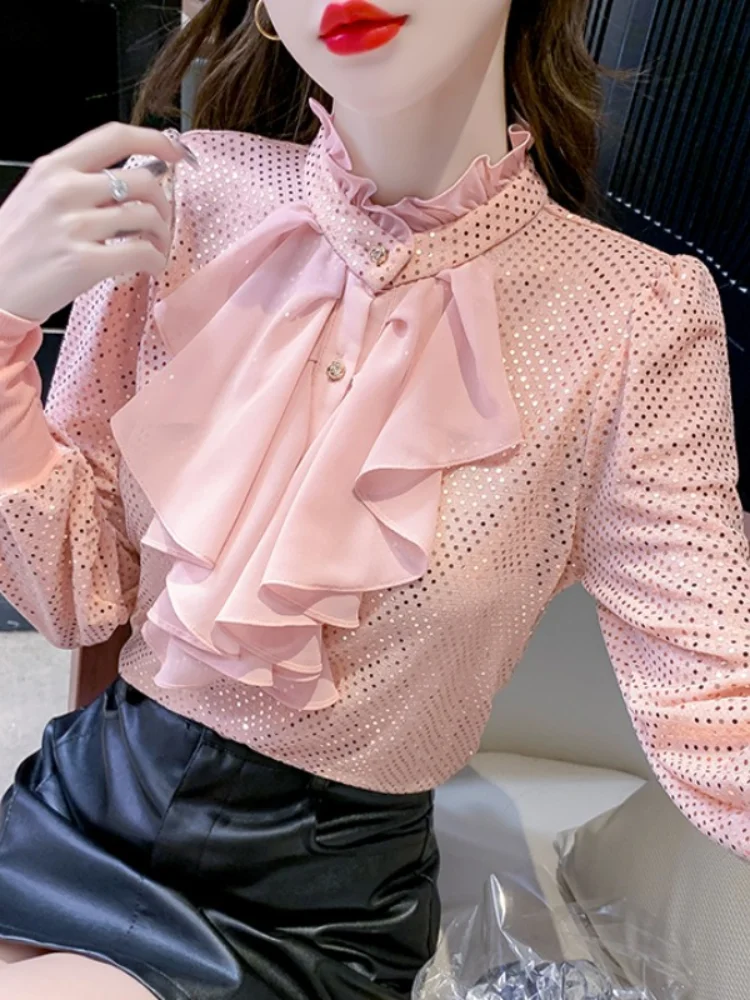 

New Stand Collar Pink Ruffles Dot Chiffon Blouse Shirt Women Tops Blusas Mujer De Moda 2024 Long Sleeve Blouse Women Blusa