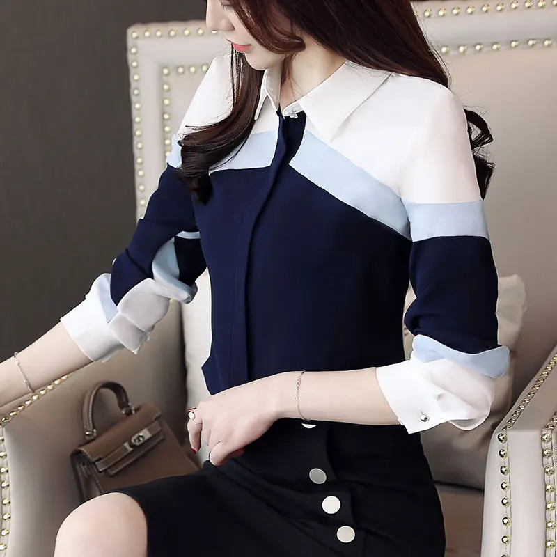 

Women's Clothing Long Sleeve Solid Color Spliced Shirt Fashion Spring Autumn Commute Office Lady Polo-Neck Slim Button Blouses