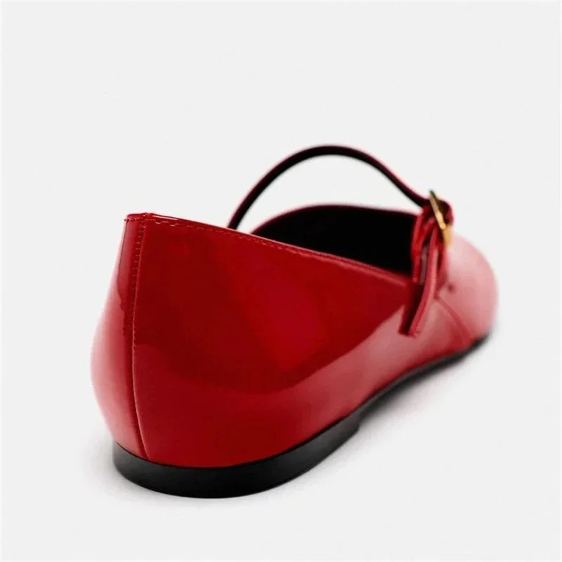 Woman Red Mary Jane Shoes 2024 Summer Chic Faux Patent Leather Flats Womens Fashion Round Toe Buckle Strap Single Shoes Woman Red Mary Jane Shoes 2024 Summer Chic Faux Patent Leather Flats Womens Fashion Round Toe Buckle Strap Single Shoes