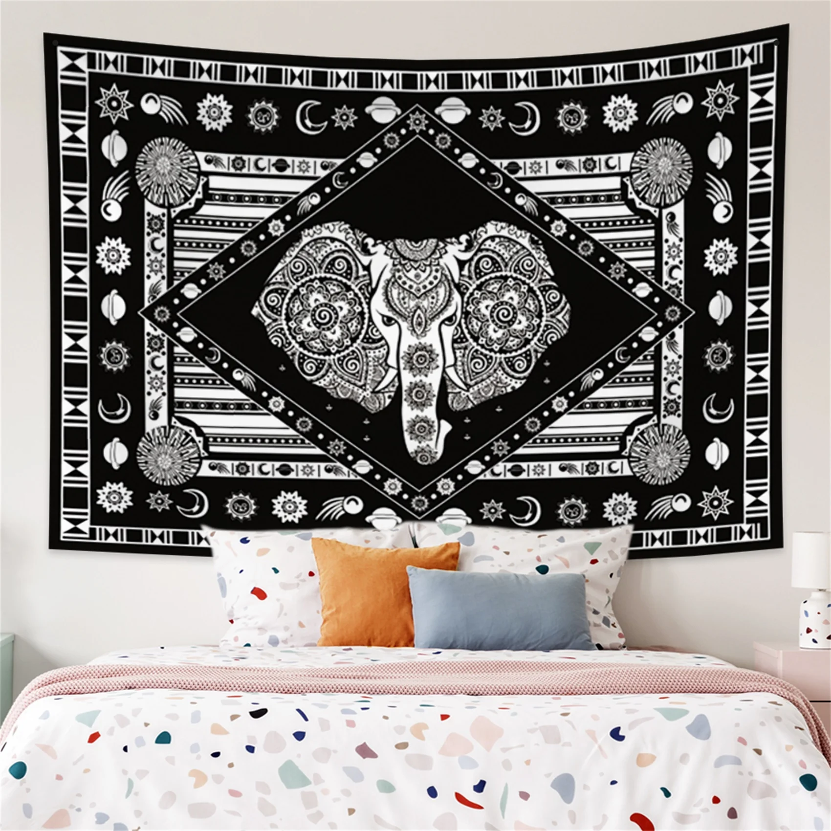 

Indian Elephant Pattern Tapestry Black White Hippie Psychedelic Mandala Bohemian Wall Hanging Decor Room Dorm Bedroom Tapestries