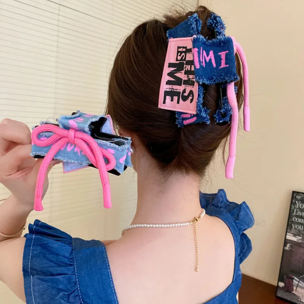 

Sweet Cool Y2k Denim Shark Hair Clip Claw For Women Girls Korean Asymmetric Bowknot Ponytail Barrettes Hair Accessories Gifts
