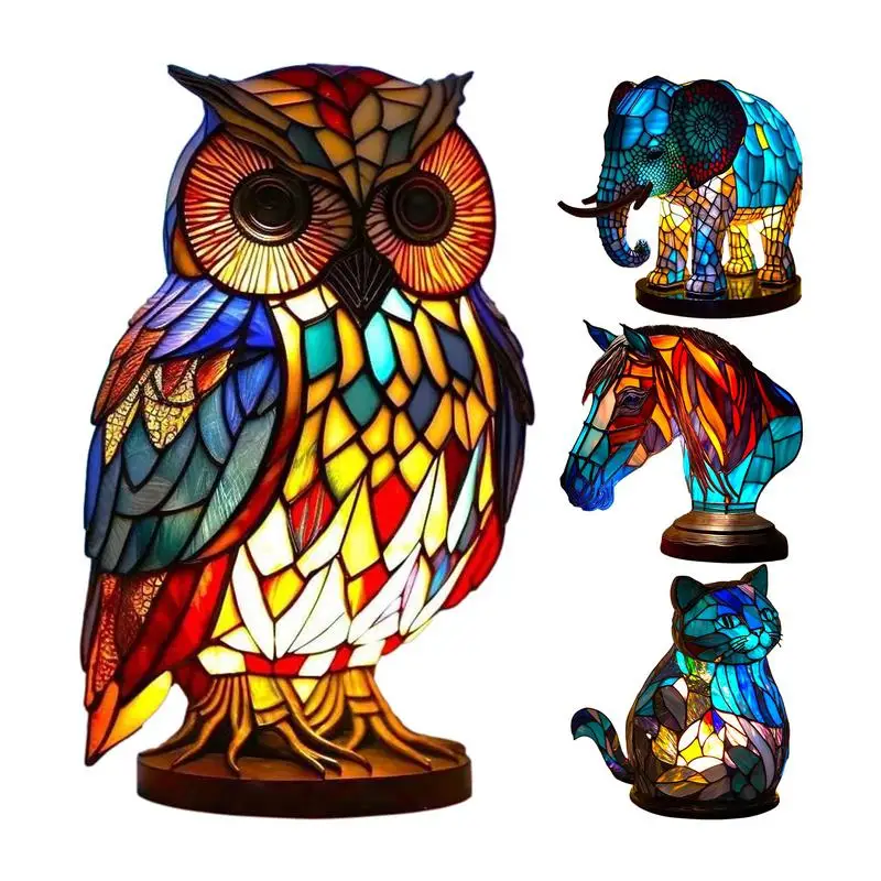 

Resin Stained Glass Animal Table Light Night Light Owl Horse Rooster Elephant Table Lamp for Bedroom Living Room Home Decoration