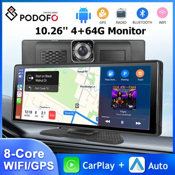 Podofo 자동차 모니터 무선 카플레이, 안드로이드 13, 10.26 인치 대시 보드 대시 캠, GPS 와이파이 전면 카메라 스마트 플레이어, 4 + 64G