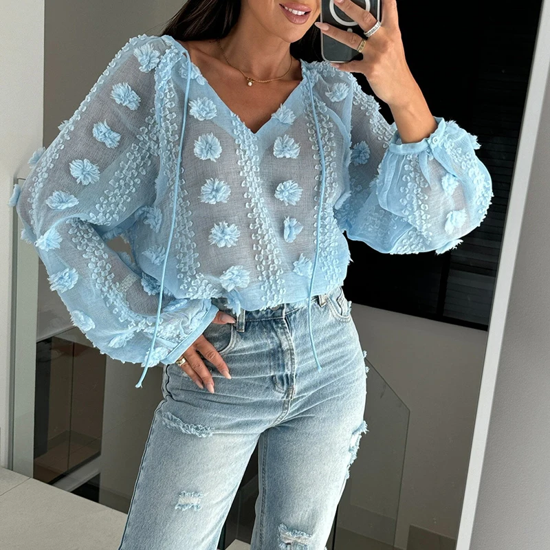 

Elegant V-neck Solid Color Mesh Pullover Tops Female Casual Long Sleeve Jacquard Shirt Spring Perspective Holiday Beach Blouses