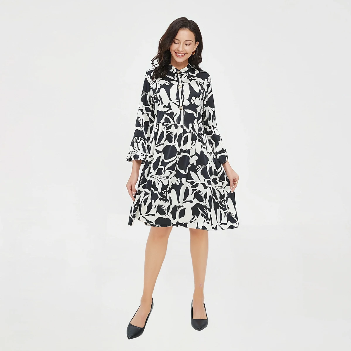 

Plus Size 1XL-5XL Dress Casual Print Long Sleeves Dresses Round Neck Over Size Dress Button Elegant Plus Size Women's Clothing