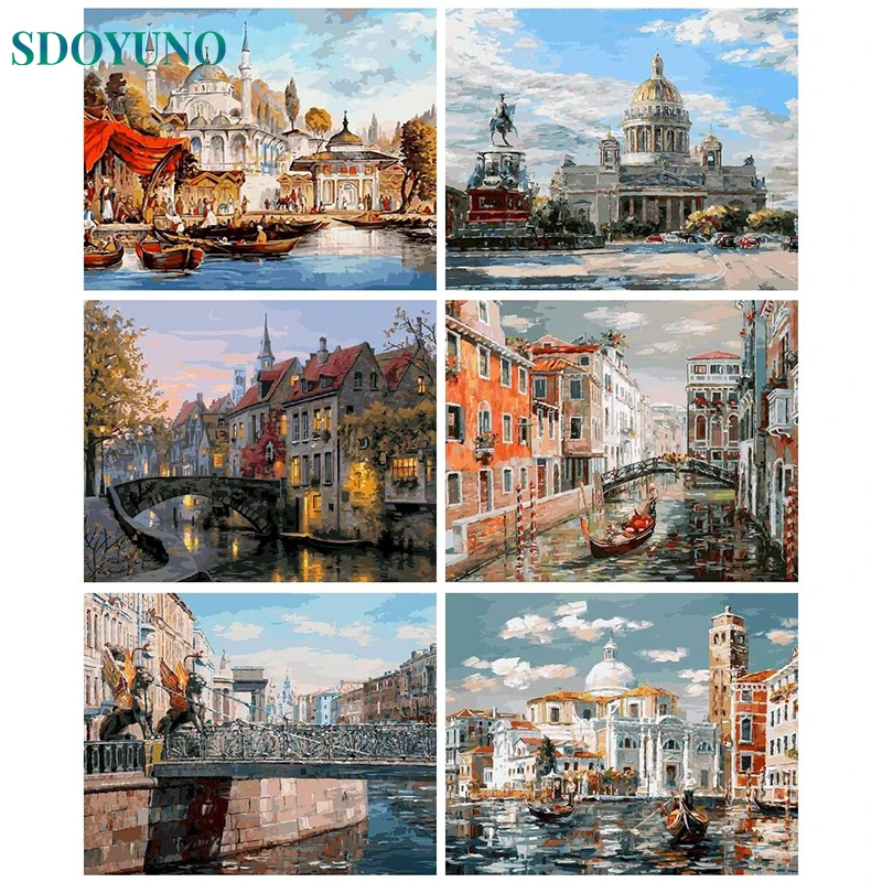 

SDOYUNO Oil Painting By Numbers European Castle Scene Kit Coloring On Canvas Picture Diy Paint By Number HandPainted Home Decor