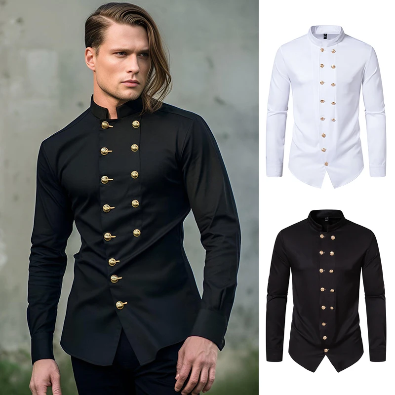 Spring Autumn Men Fashion Double Breasted Personality Shirt Long Sleeve Casual Vintage Stand Collar Shirt
Spring Autumn Men Fashion Double Breasted Personality Shirt Long Sleeve Casual Vintage Stand Collar Shirt