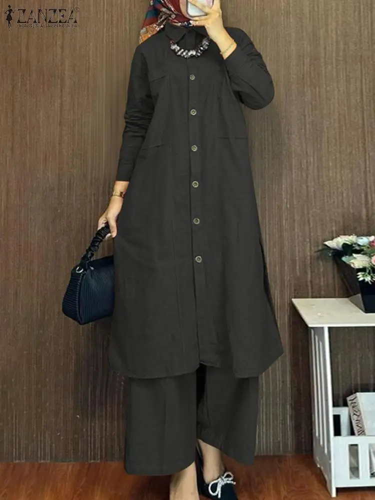 

Весенние мусульманские костюмы Eid Mubarek Рамадан турецкие комплекты ZANZEA модная женская рубашка с длинным рукавом широкие брюки комплект винтажный однотонный спортивный костюм