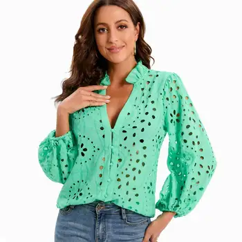 Elegância e Conforto em uma Camisa Versátil da ZANZEA 6 Women Lace Shirt Hollow Out Embroidery Blouse White Blue Green Rose Pink Summer 2022 New Clothing Modern Girl Blusa Tops