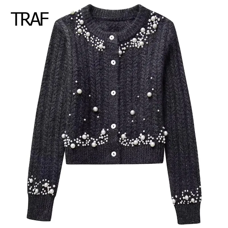 

TRAF Cropped Pearls Cardigan Women's Sweater Autumn Winter Knitted O-Neck Long Sleeve Top Elegant Women Luxury Brand Knitwears