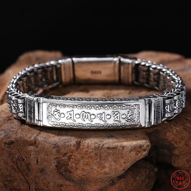S925 Sterling Silver Charm Bracelets Six Syllable Mantra Prayer Wheel Woven Hand Chain Pure Argentum Amulet Bangle for Men
S925 Sterling Silver Charm Bracelets Six Syllable Mantra Prayer Wheel Woven Hand Chain Pure Argentum Amulet Bangle for Men