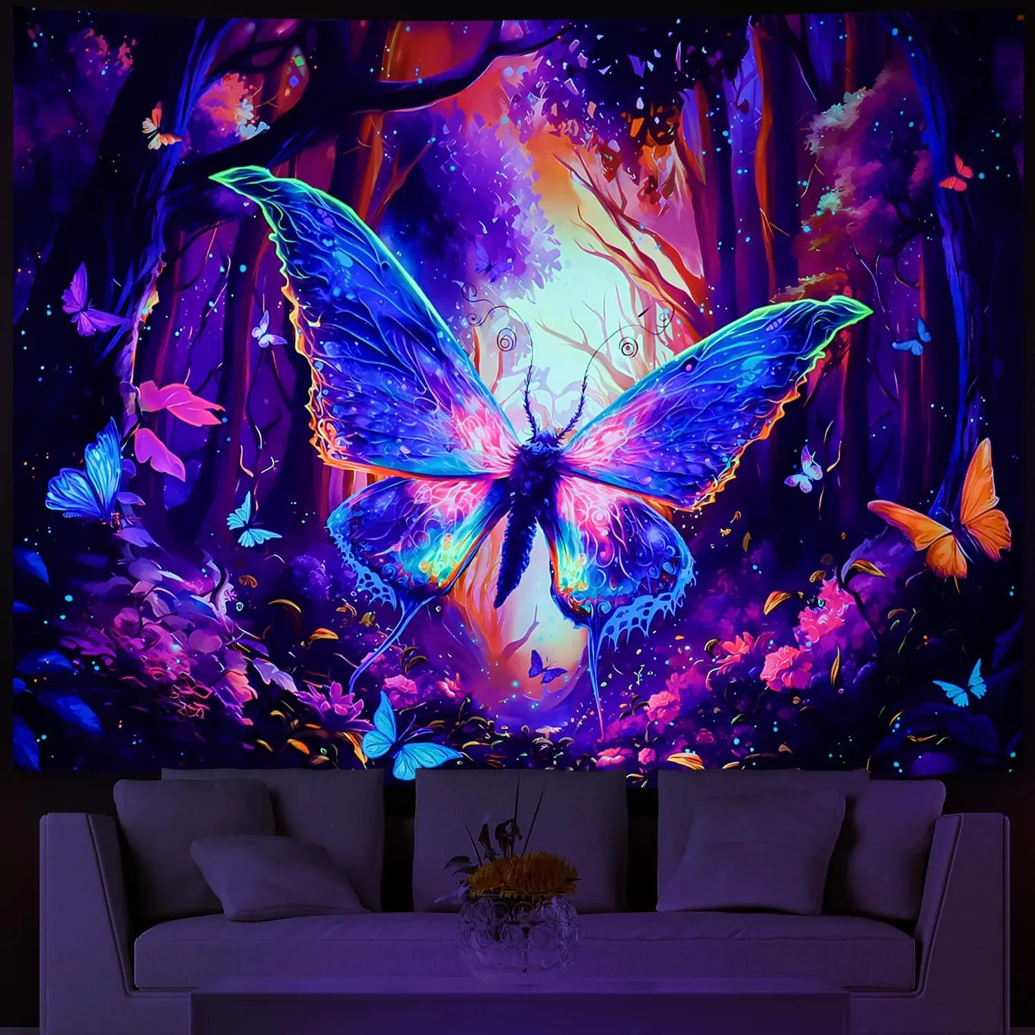 

Blacklight Butterfly Tapestry Trippy Forest UV Reactive Jungle Trees Tapestries Fantasy Misty Plants Wall Hanging for Room Decor