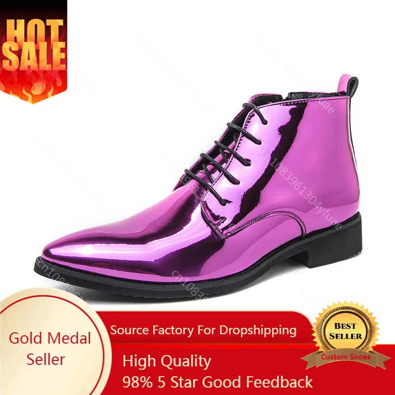 

Luxury Glitter Pointed Toe Men's Dress Boots Trendy High Top Wedding Shoes For Men 2023 Social Elegant Mens Patent Leather Shoes