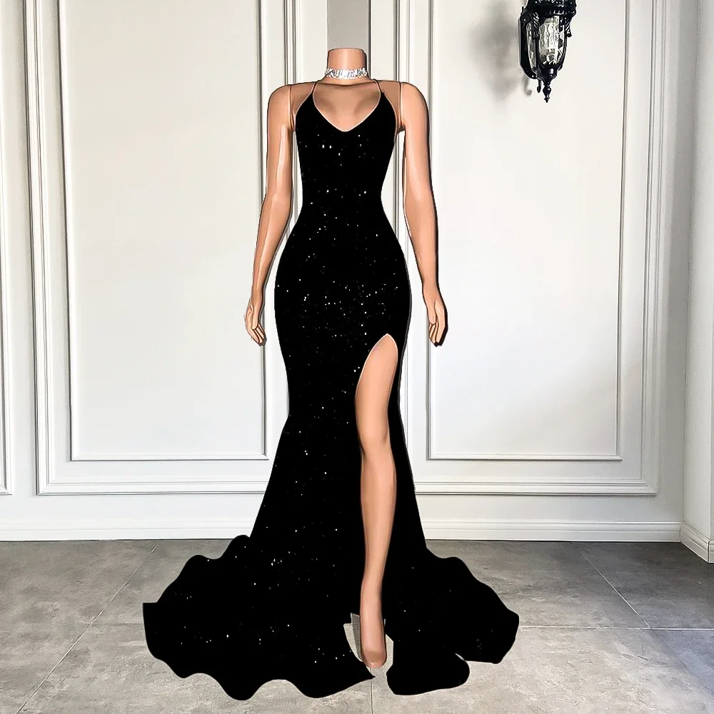 

2024 New Sparkly Mermaid Style Fitted Sexy High Slit Black Sequined African Girl Backless Long Prom Dresses Vestidos De Noche