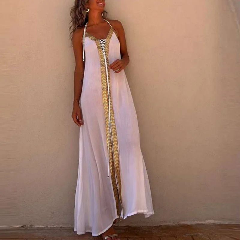 Casual Female Sleeveless Bohemia Sundress Womens Fashion Loose Deep V Neck Party Dress Sexy Tie-up Halter Solid Beach Long Dress
Casual Female Sleeveless Bohemia Sundress Womens Fashion Loose Deep V Neck Party Dress Sexy Tie-up Halter Solid Beach Long Dress