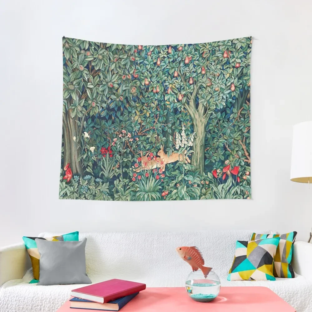 

GREENERY, FOREST ANIMALS Hares Blue Green Red Floral Tapestry Custom Aesthetics For Room Wall Art Tapestry