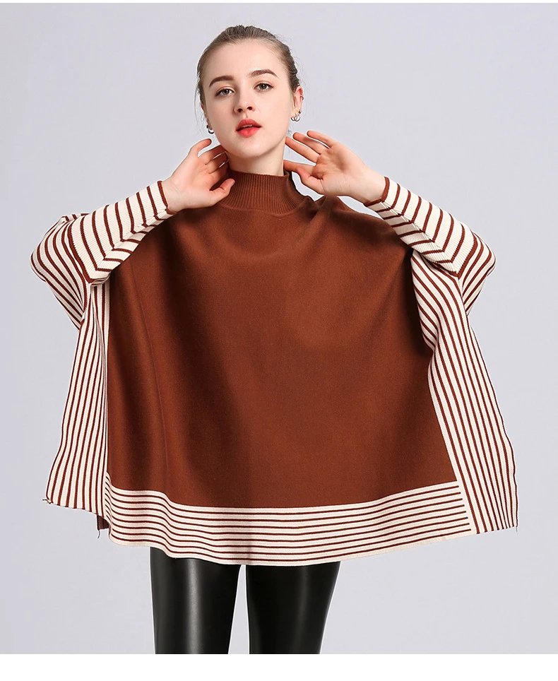 

Women Spring Autumn Sweater Shawl Lady Knitted Strip Wrap Bat-wing Sleeve Turtleneck Pullover Loose Fall Winter Poncho Cloak New
