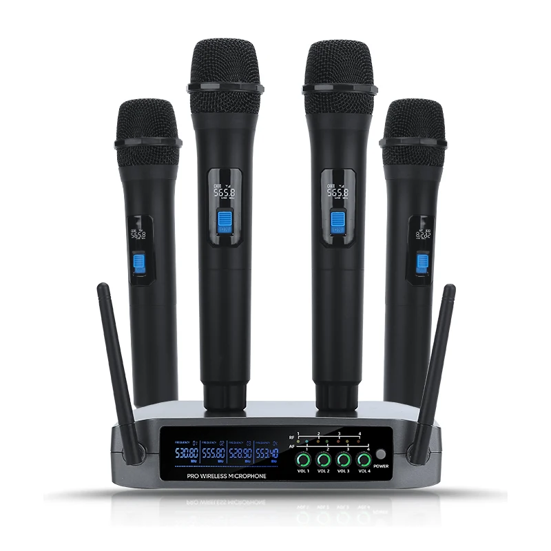 

Professional VHF Wireless Microphone System 4 Channel Handheld Karaoke Microphone for Home Party Church Event TV Speaker