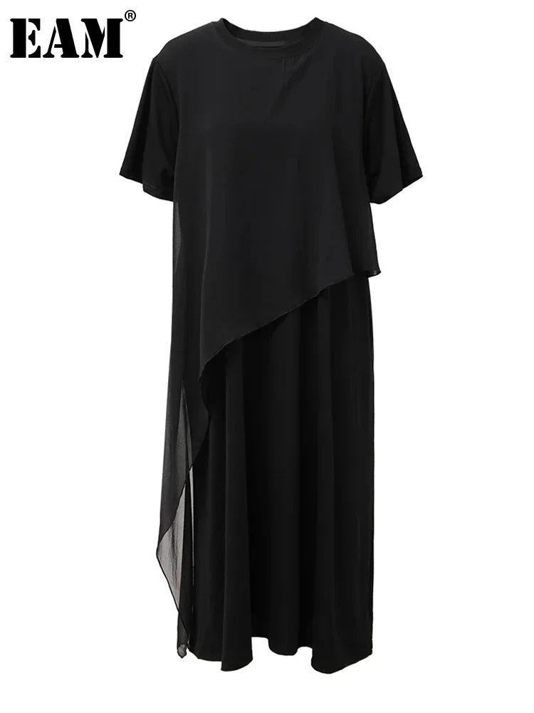 

[EAM] Women Black Irregular Chiffon Spliced Big Size Dress New Round Neck Shhort Sleeve Fashion Tide Spring Summer 2024 1DH5366