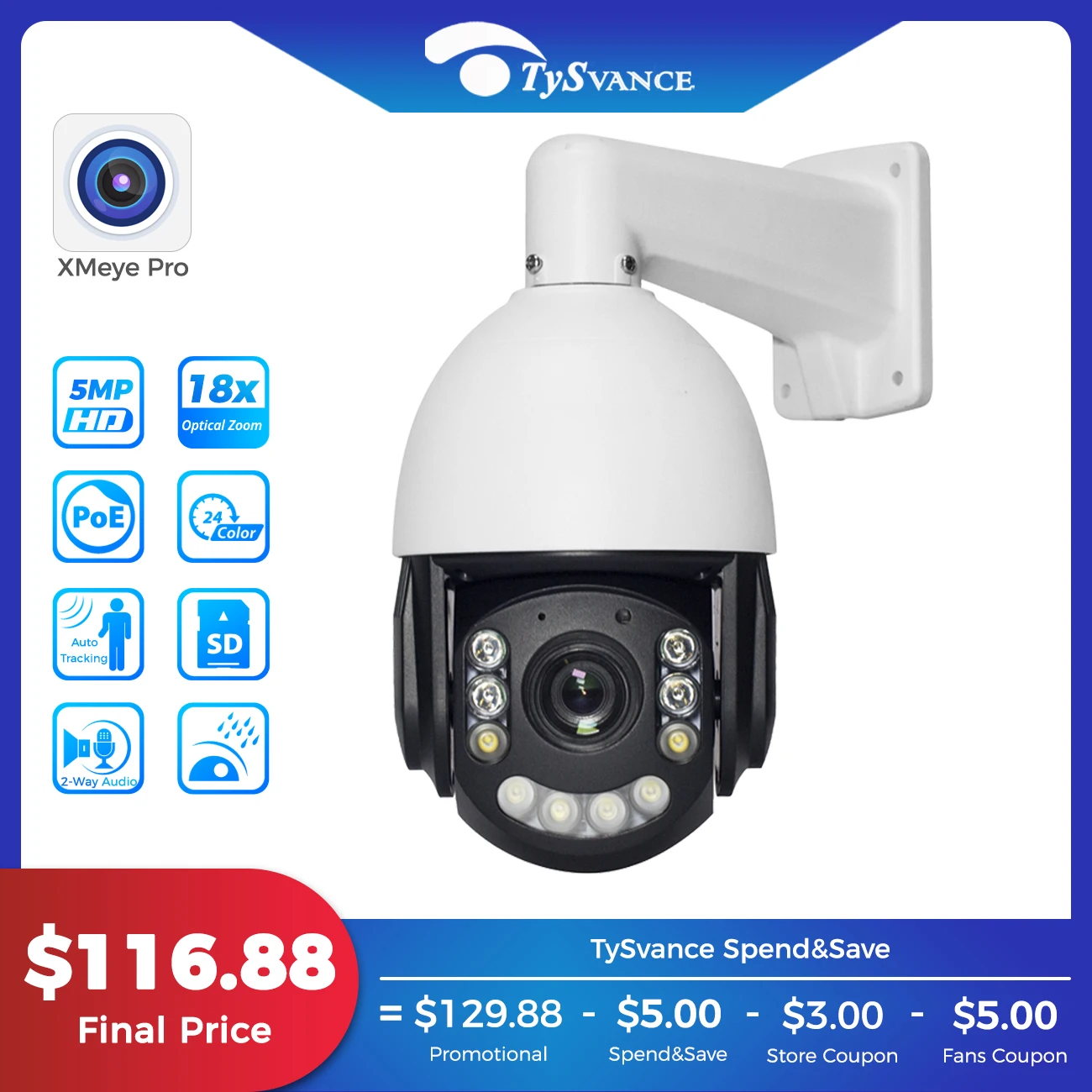 

5MP HD IP Camera Outdoor PTZ POE 18X Optical Zoom Two Way Audio Dome AI Auto Tracking IR Color CCTV Security SD Card Slot XMeye