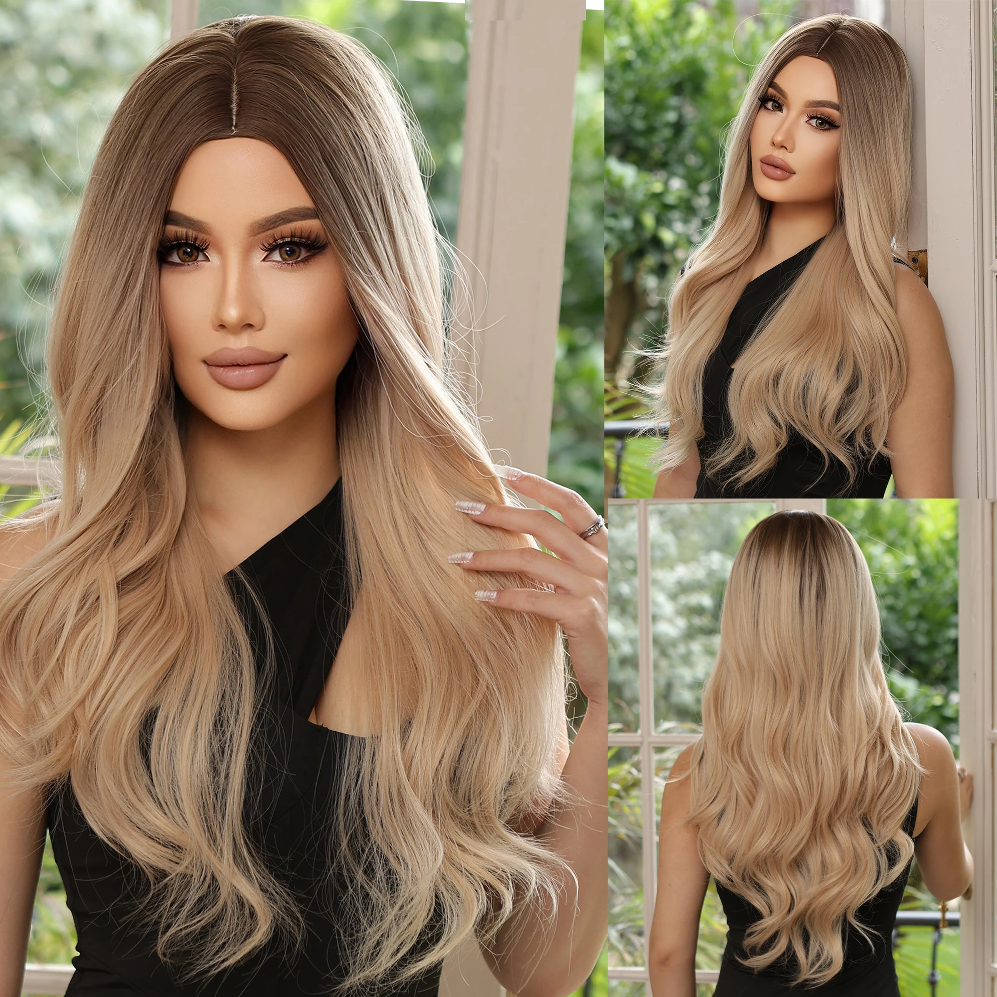 

Ombre Blonde Wig Long Wavy Wigs with Bangs Women Wig Platinum Blonde Synthetic Heat Resistant Natural Wig Daily Party Fake Hair