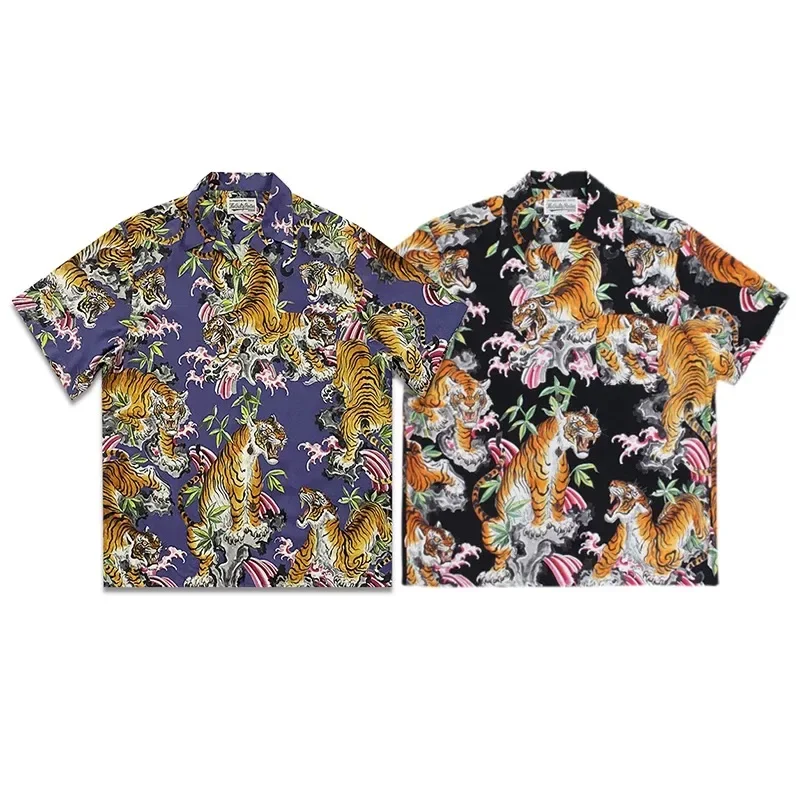 

Гавайские рубашки WACKO MARIA с коротким рукавом, повседневные Гавайские рубашки оверсайз с цветочным принтом тигра